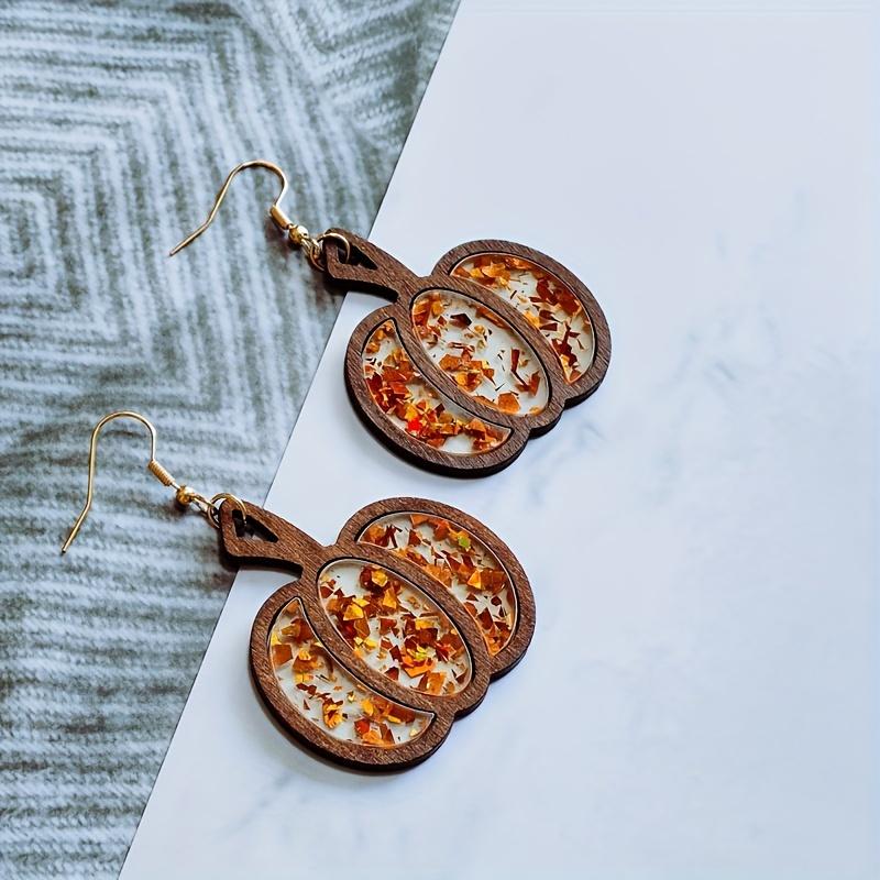 Деревянные серьги-тыквы, акриловые блестки, женские оранжевые серьги-подвески, модные полые осенние украшения на День благодарения, Хэллоуин