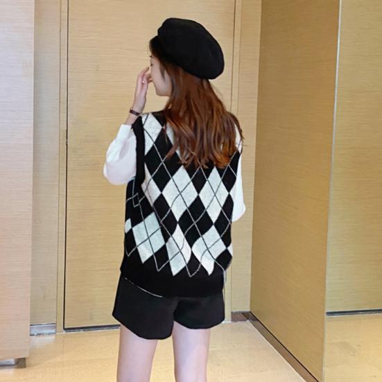 Женский вязаный жилет с ромбовидным узором, свободный, с V-образным вырезом, без рукавов, пуловер, майка, повседневный школьный свитер-топ