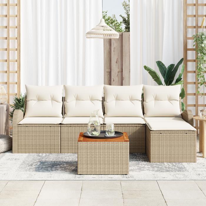VidaXL Ensemble de Sofa de Jardin 6 Pièces avec Coussins Beige Rattan Acacia 3347568