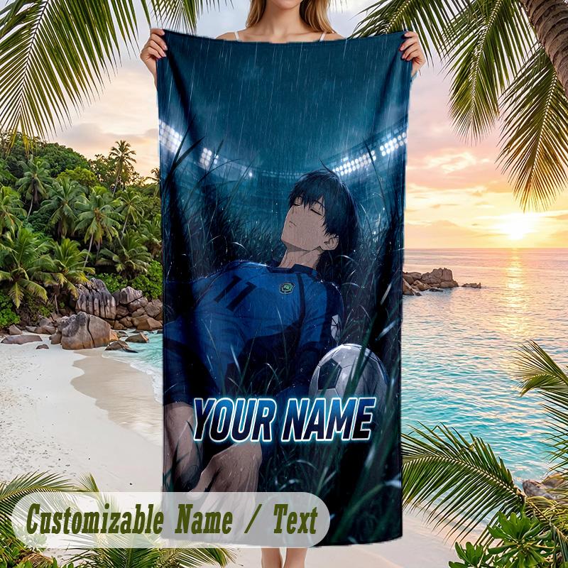 Blue Lock Beach Towel, Personalized Custom Name Text, Quick Dry Large Absorbent Towel For Beach Pool