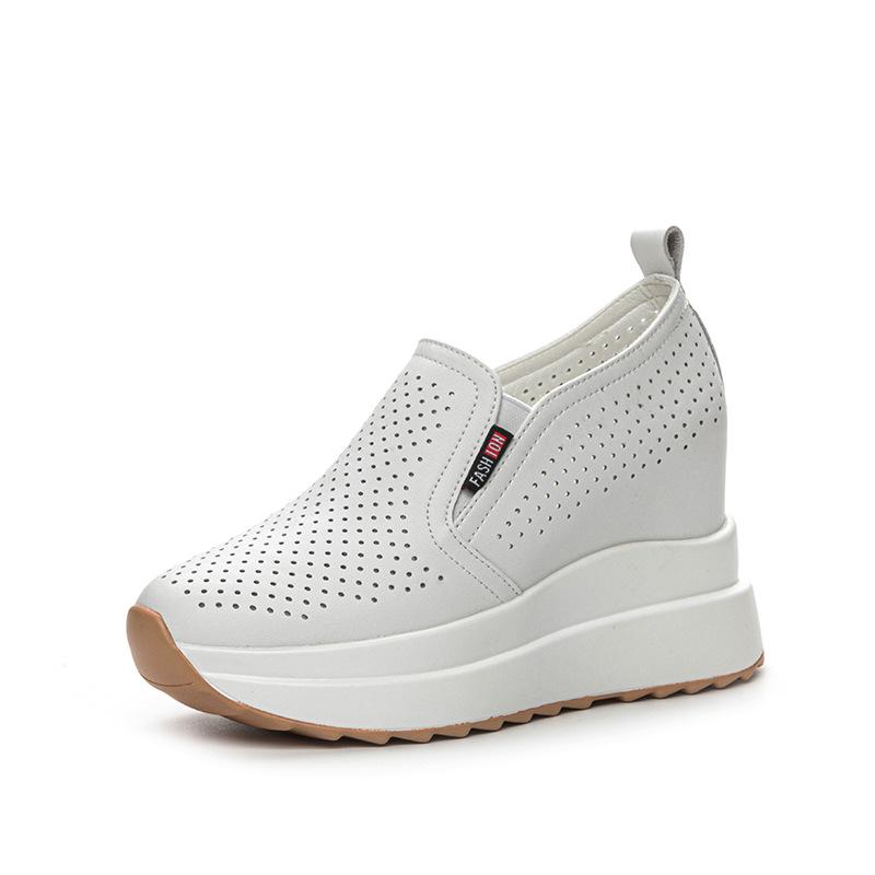Весна Лето Танкетка Обувь Женские Модные Кроссовки Дышащая Натуральная Кожа Увеличивающие Рост 10см Черно Белые Туфли