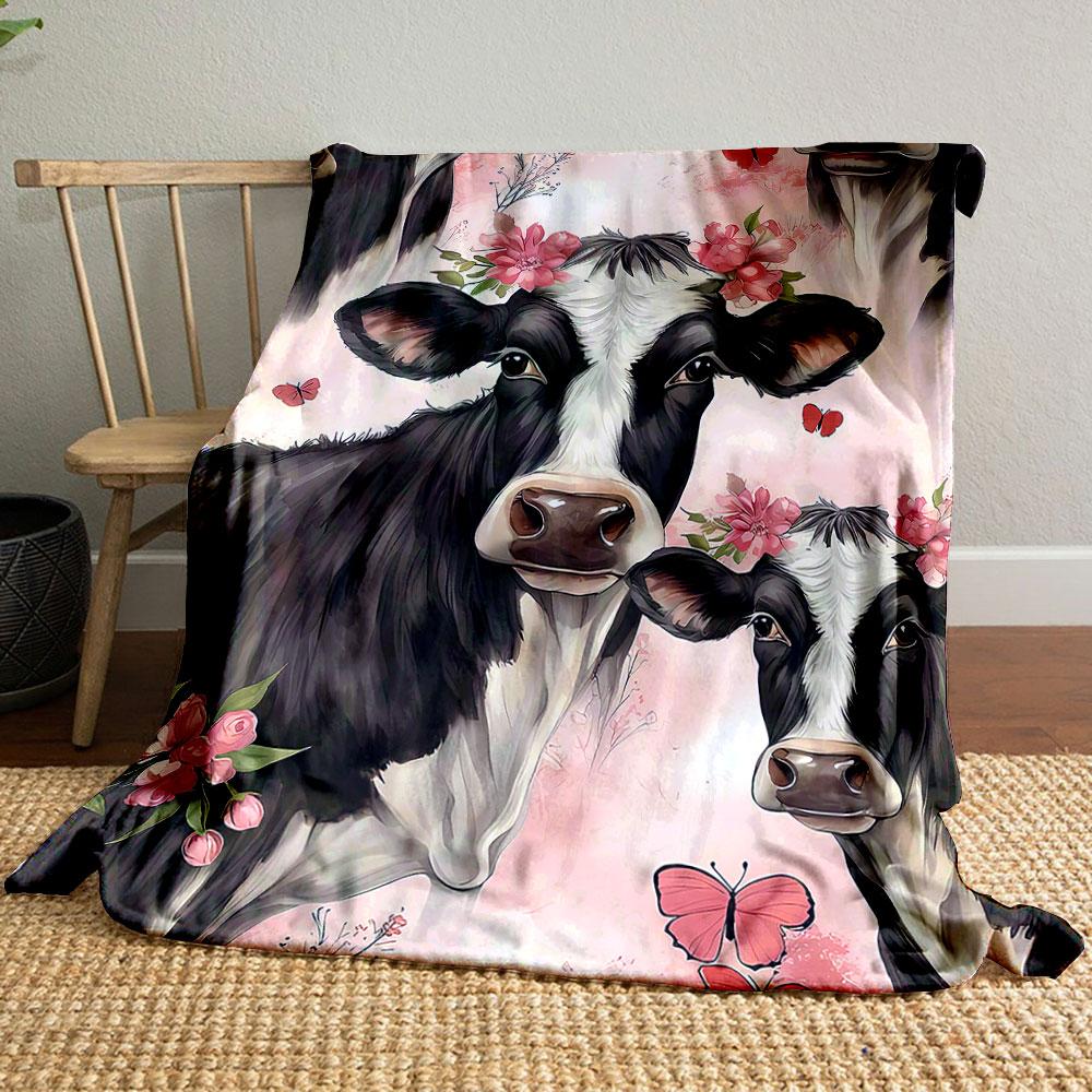 Cow Print with Flowers and Butterflies Patterned blanket, flannel, suitable for all seasons, home decor, warm and cozy