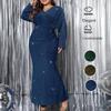 V-Neck Sparkling Plus Size Fishtail Evening Dress with Long Sleeves