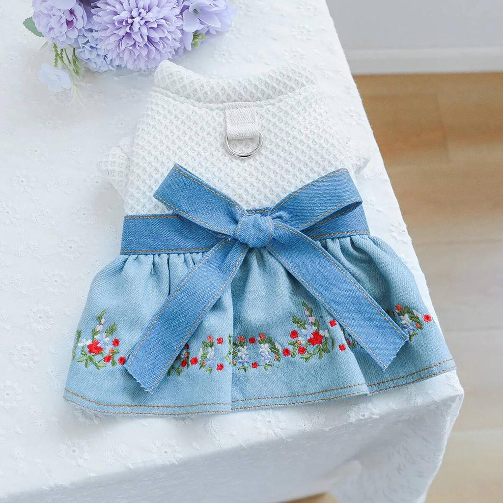 BXX Pet Denim Dress Spring Floral Embroidery Bow Skirt With Traction Hole For Small Puppies XS-XL Single Color