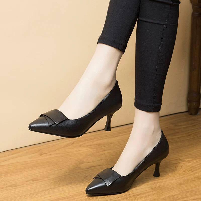 Туфли из натуральной кожи женские туфли-лодочки с острым носком на высоком каблуке модные черные рабочие туфли женские туфли для вечеринок большие размеры 33-40