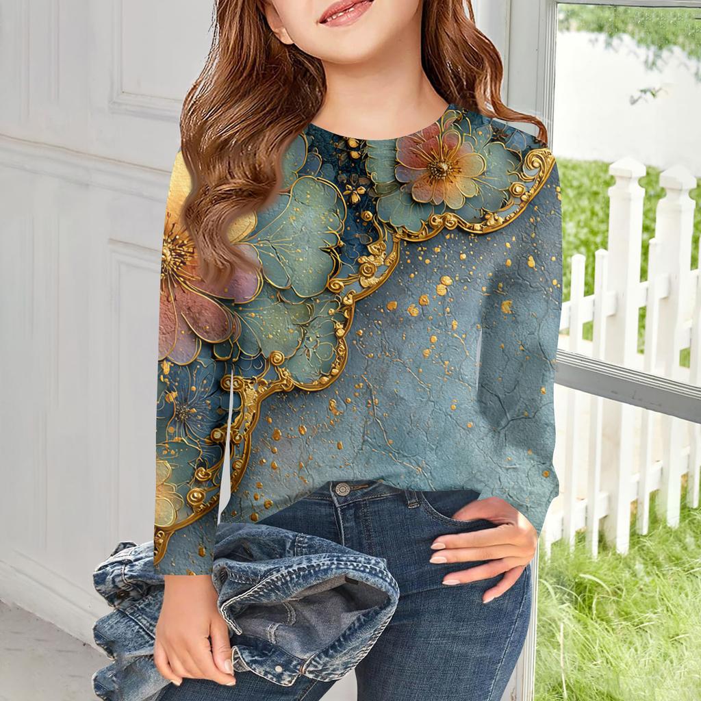 Girls Long Sleeve T Shirts Kids Fall Tops Crewneck Printed Basic Tees