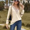 Autumn Winter Solid Color Lace Patchwork V-neck Long Sleeved Loose T-shirt Top T-Shirts (women’s)