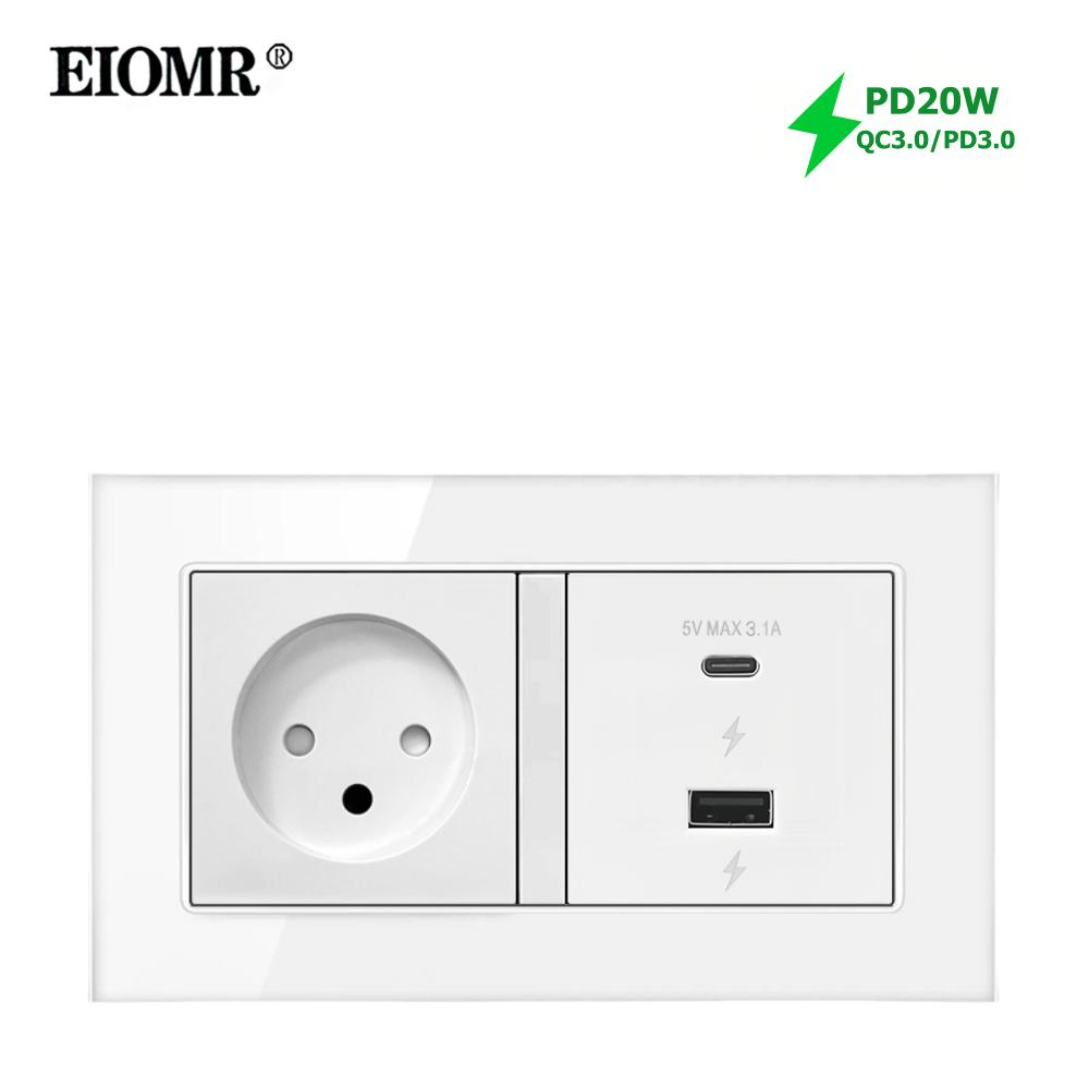 EIOMR Белый Хрусталь Стекло Израиль USB Type-C Зарядка Настенная Розетка, AC 230V 16A ТВ Телефон Звонок Штора Выключатель Света Домашняя Розетка