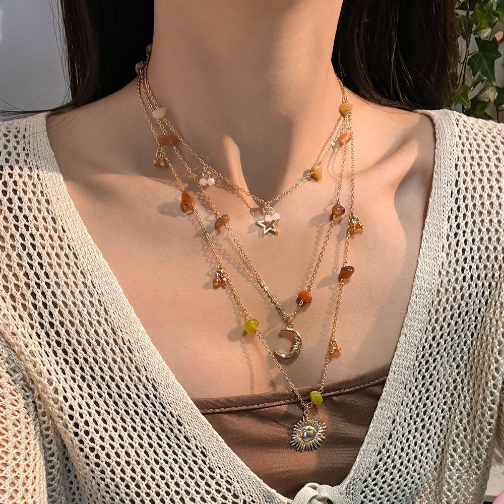 Bead Clavicle Chain Women Sun Moon Star Bowknot Clavicle Necklace Y2K Multilayer Necklace Girls