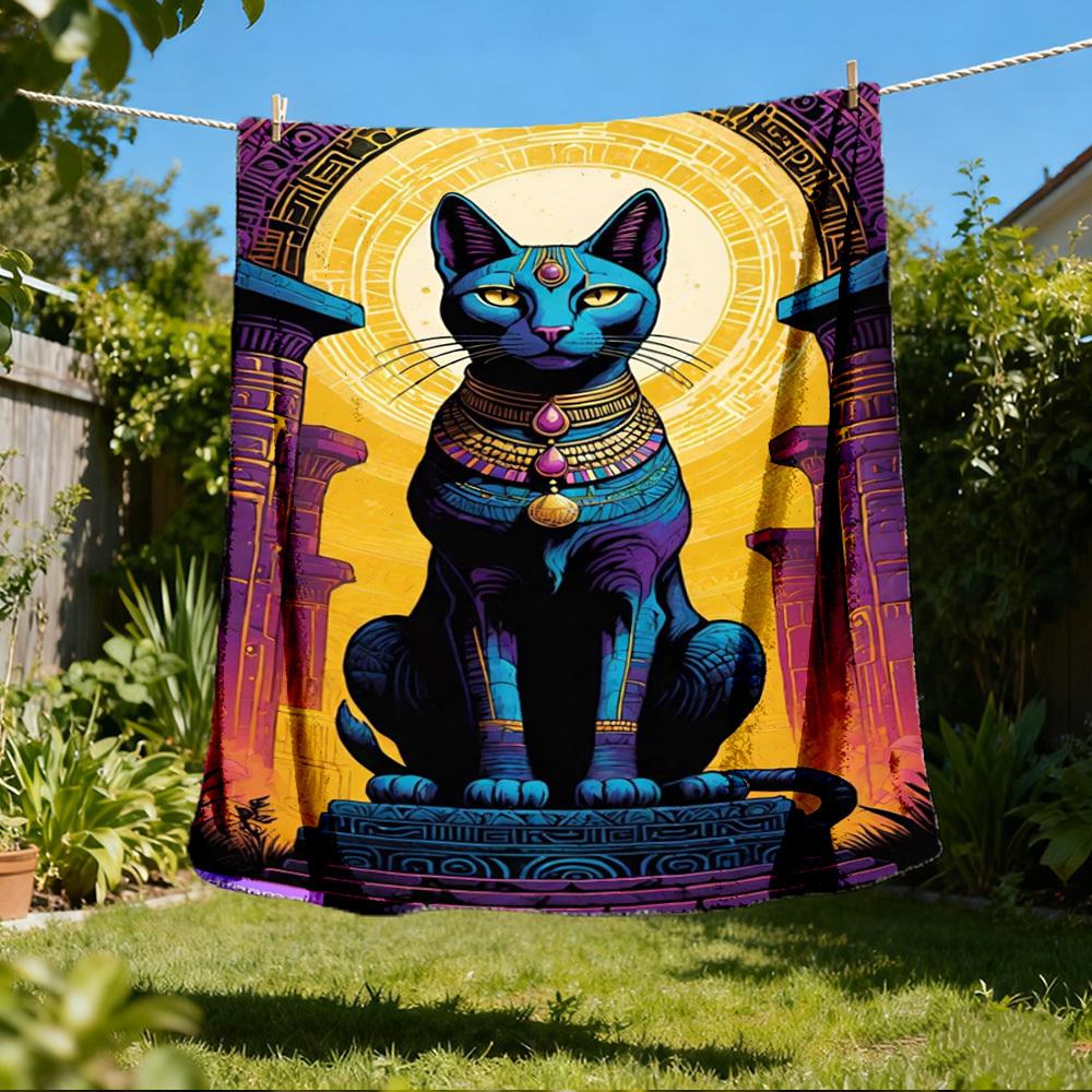 1pc Egyptian Cat Statue Throw Blanket Polyester Fiber, Lightweight Flannel, Soft & Warm, All Season Use for Outdoor, Camping Digital Print