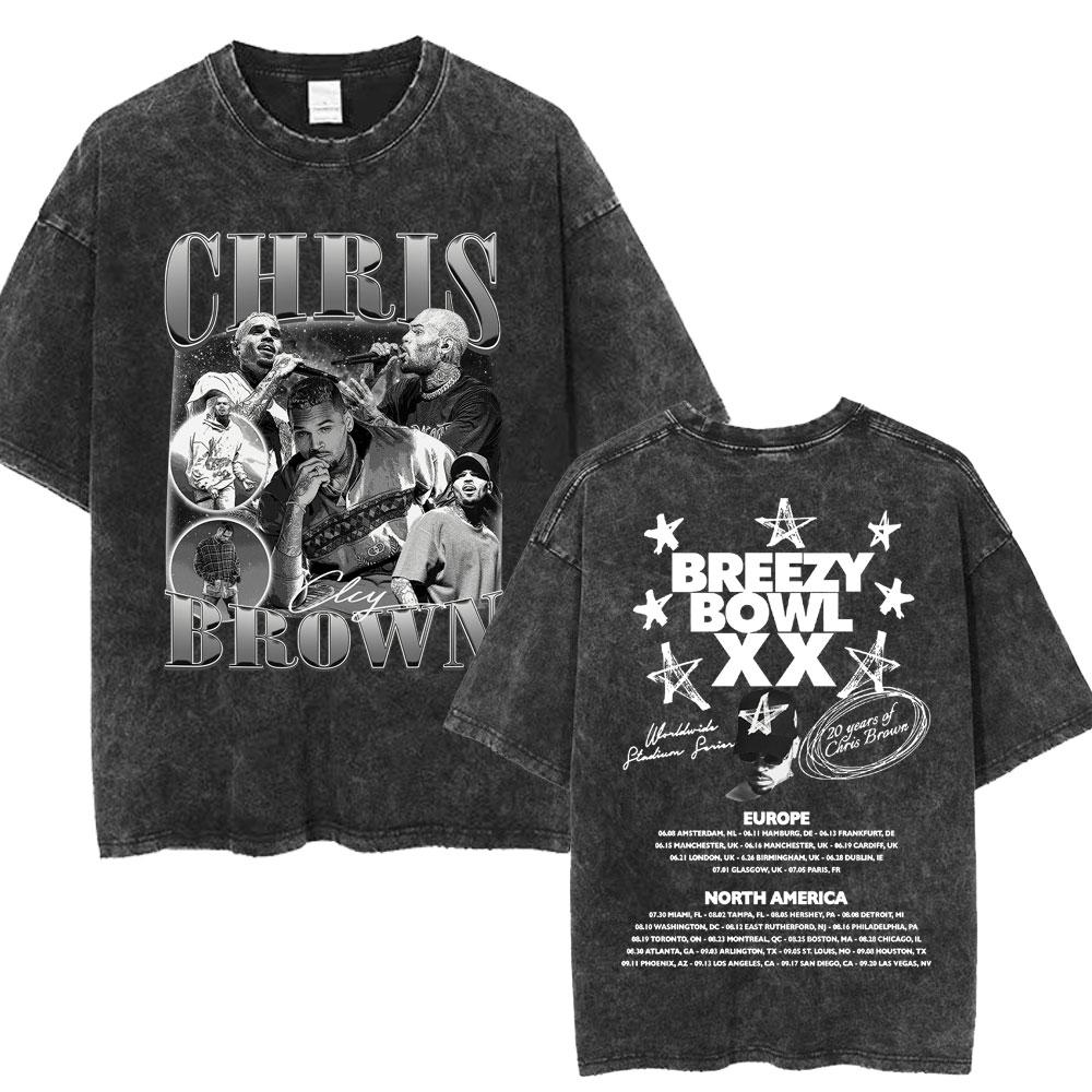 Chris Brown Breezy Bowl XX Concert Tour Washed T Shirts Vintage Hip Hop Gothic T Shirt Mens Oversized Cotton Tshirt Streetwear