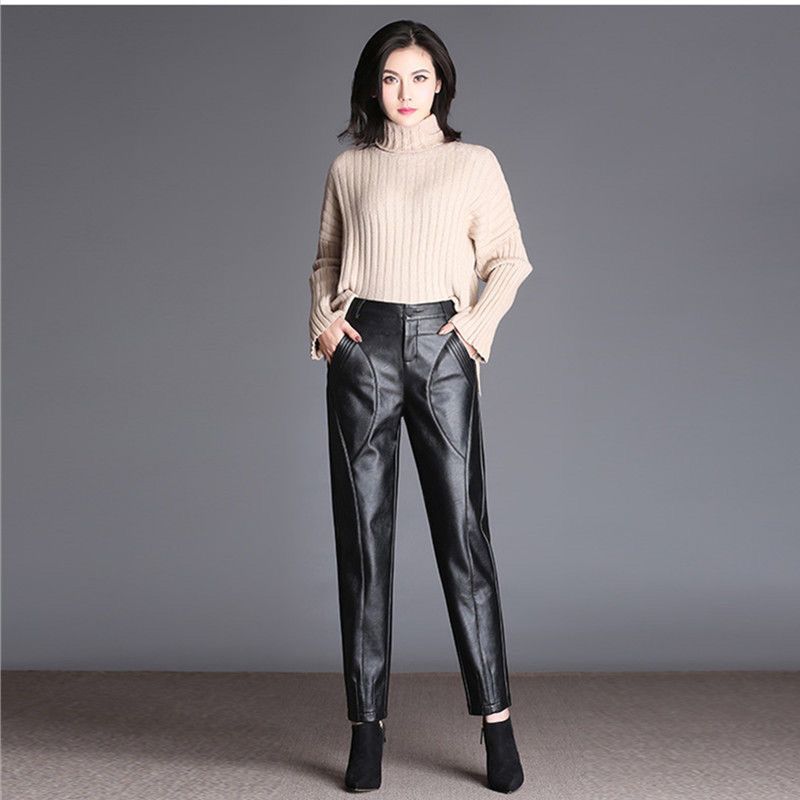Утолщенные черные кожаные брюки женские свободные брюки-харлан с высокой талией осенне-зимние плюшевые брюки леггинсы повседневные брюки из искусственной кожи