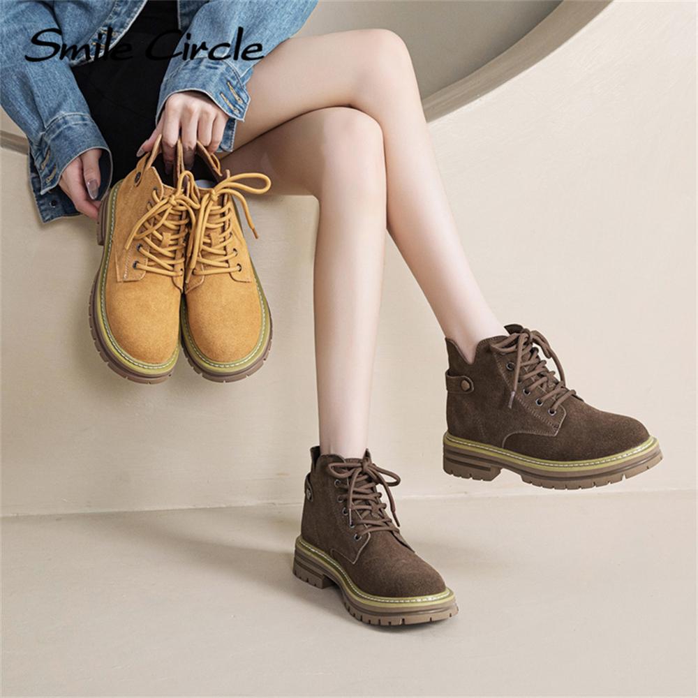 Женские ботинки из натуральной замши с круглым носком, на шнуровке, с толстой подошвой, модные повседневные рабочие ботинки