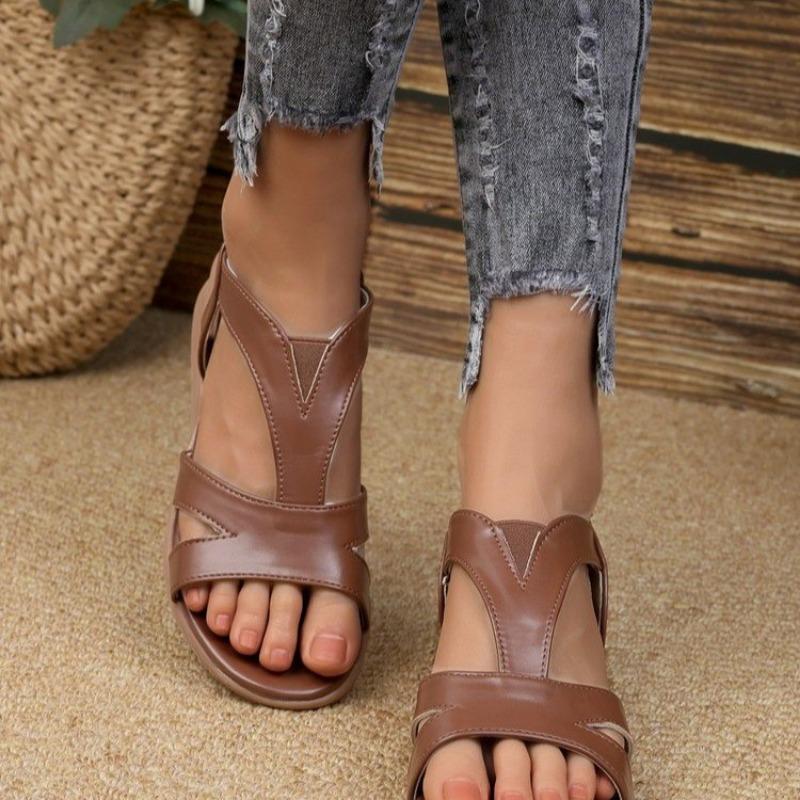 Genuine Leather Sandals Women's Shoes 2024 Summer Open Toe Mid Heel Retro Roman Sandals Women's Shoes High Heels