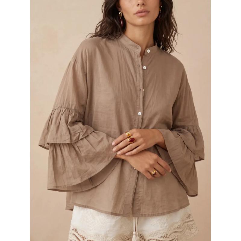 Women S Solid Stand Collar Button Long Sleeve Trumpet Loose Casual Shirt