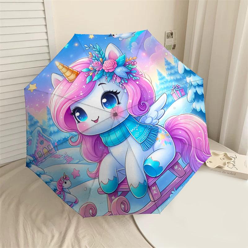 1PC Unicorn Winter Automatic Open/Close Umbrella with Windproof, 8-Rib Sturdy Canopy, Durable Ribs, Fashionable Design, Outdoor Accessory, Fun Prin, H