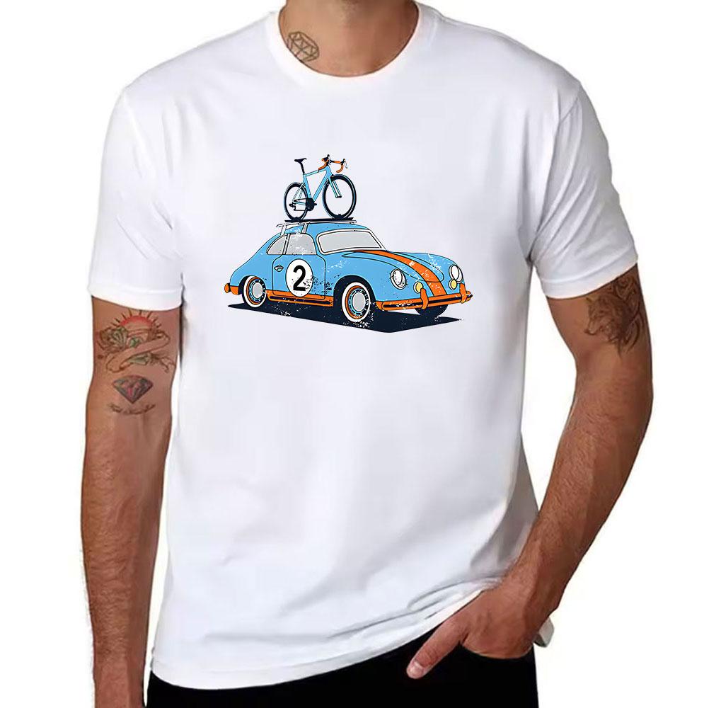 Unisexs Cotton Tshirt Vintage Blue Racing Car Print With Road Bike On Top Retro Motorsport Graphic Tee For Car Bike Enthusiasts