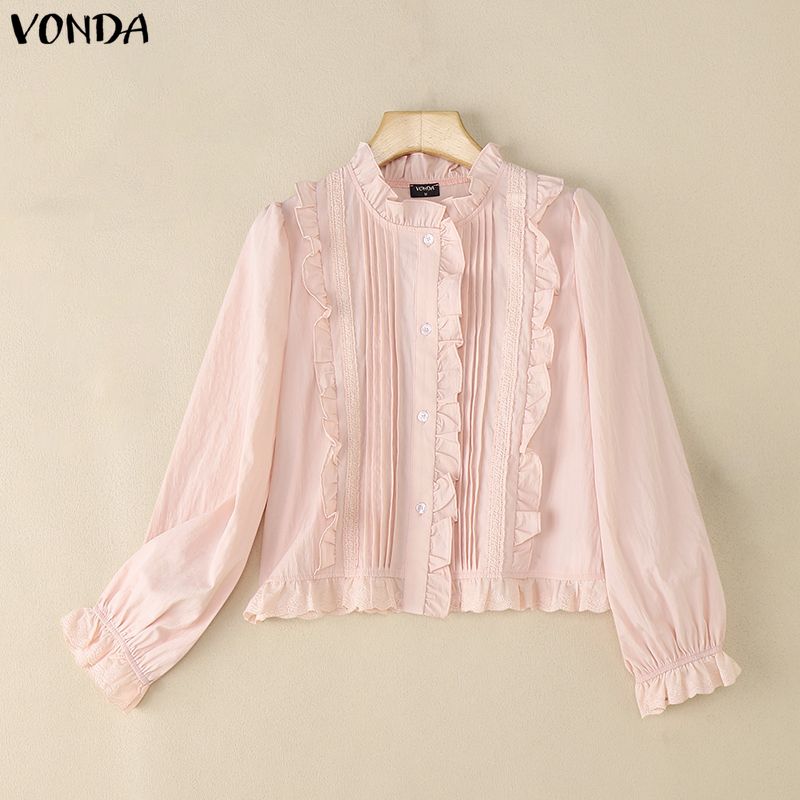 VONDA Women Casual Round Neck Ruffled Lace Hem Loose Long Sleeve Blouse