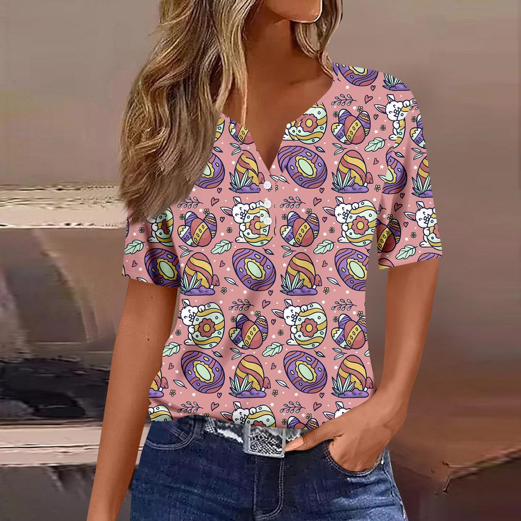 Women's Casual Print V-Neck Short Sleeve Decorative Button T-Shirt Top
