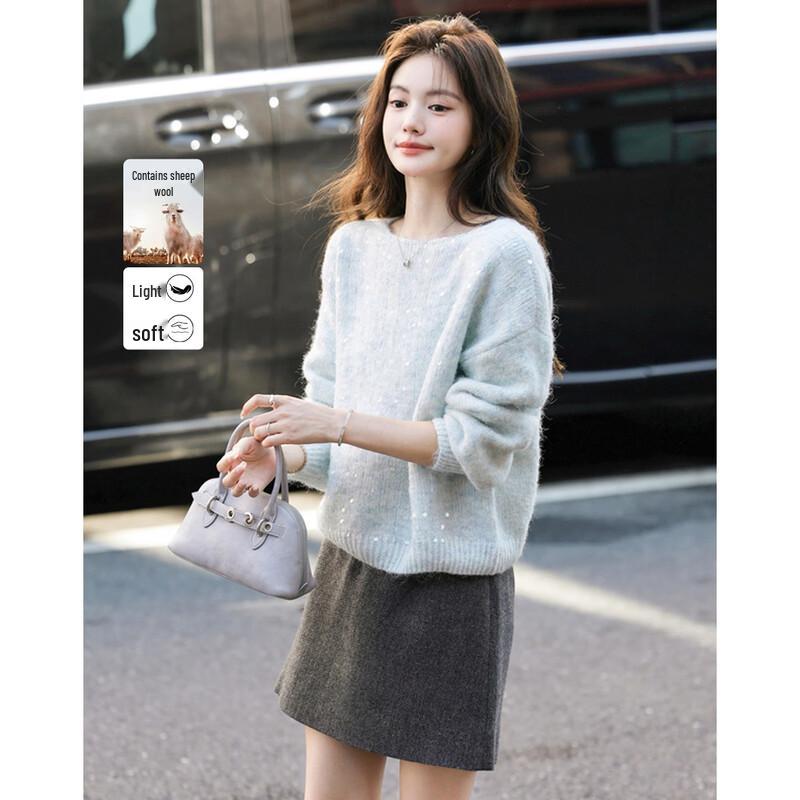 Women's Fluffy Wool Blend Sequin Knit Sweater