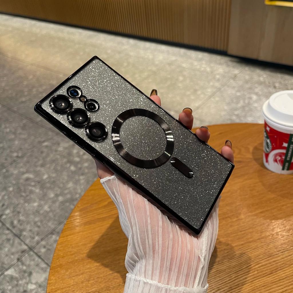 Роскошный блестящий чехол с беспроводной зарядкой для Samsung Galaxy S24 S23 S22 S21 Ultra Plus, магнитный чехол MagSafe Allround, чехол для камеры, чехол