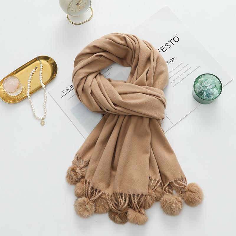 Cashmere Wool Scarf Women's Autumn and Winter High End Solid Color Ball Scarf Versatile Shawl Wool Ball Imitation Cashmere Scarf