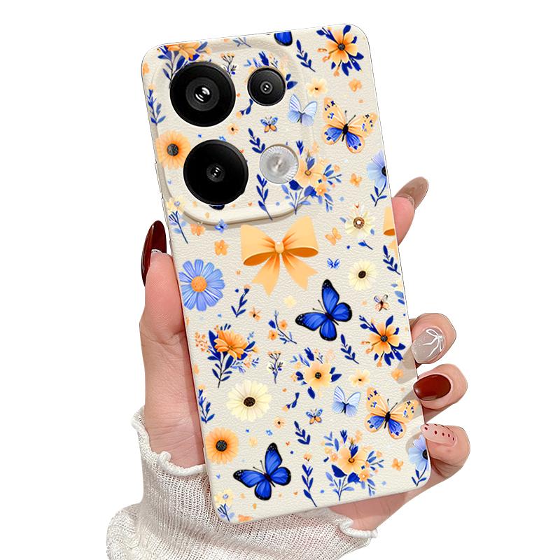 Чехол с цветочным узором и синей бабочкой для Xiaomi 14T 13T 11T Pro Funda Redmi Note 14 13 12 11 Pro 5G 4G Силиконовая крышка с текстурой кожи