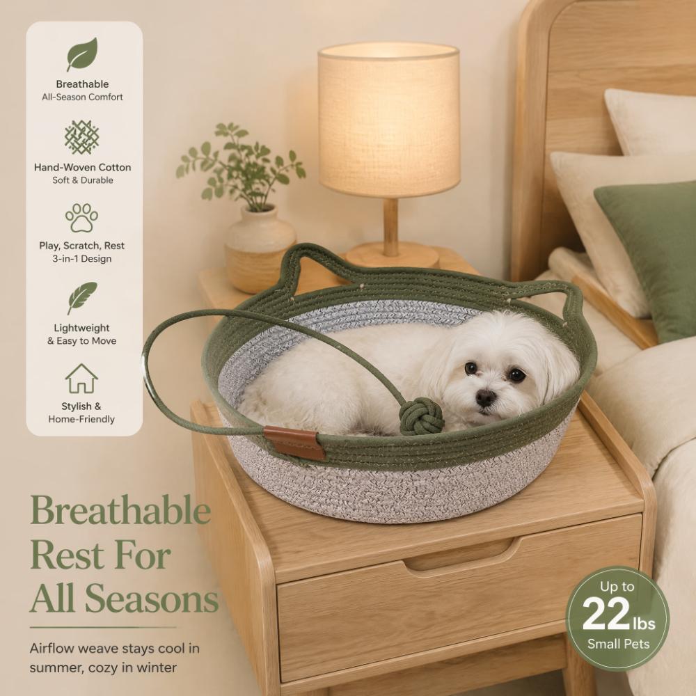 Hand-woven cotton cat basket interactive claw nest with rocking toy tail four-season breathable pet bed green cat nest + toy ball small