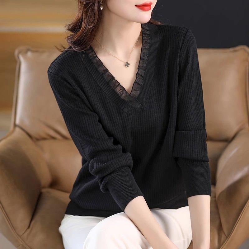 Весенне-осенняя мода кружевной V-образный вырез с длинными рукавами вязаный свитер тонкий свитер топ базовая рубашка для женщин