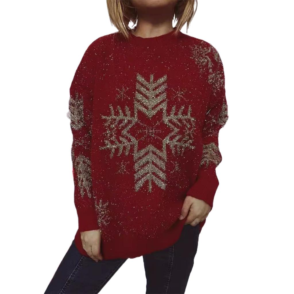 Женская мода осень и зима рождественский свободный круглый вырез пуловер вязаный свитер