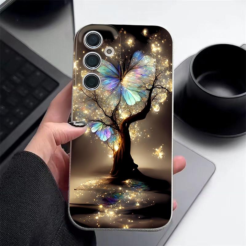 Чехол со светящимся узором «Фантастическое дерево и бабочка» для Samsung Galaxy A57 A56 A55 A54 5G A37 A36 A35 A34 A17 A16 A15 A14 Силиконовый чехол с текстурой кожи