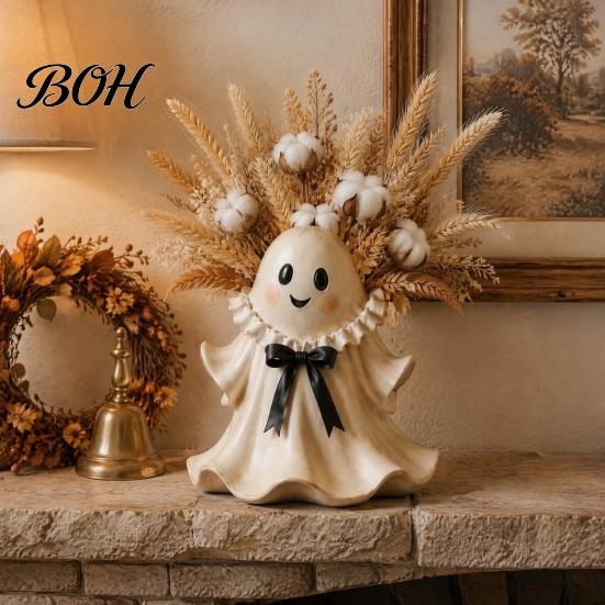 Unique Home Decor Gifts Cute Ghost Wicker Basket, Tabletop Resin Halloween Figurine with Floral Holder, Flower Basket Spooky Shaped Vase for