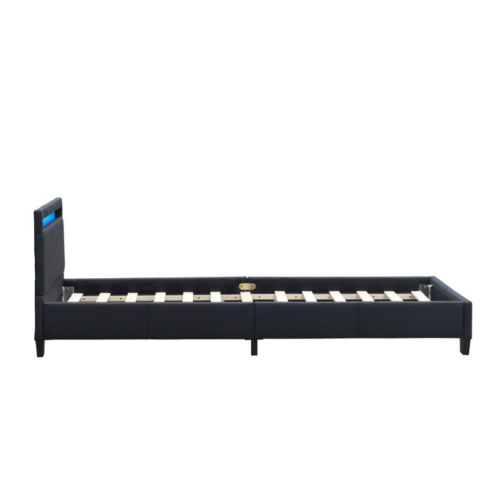 Angel - Solide et Confortable Lit 90x200 avec Sommier Tte de Lit avec Eclairage LED Couleur NOIR Pieds en 10