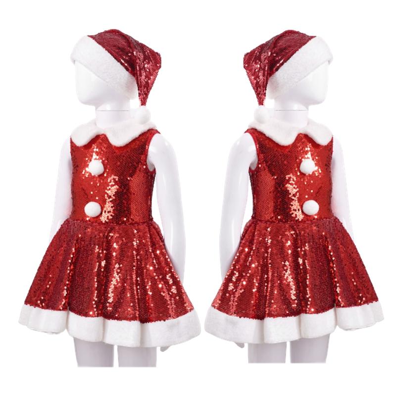 Kids Girls Christmas Party Dance Performance Costume Sleeveless Sequins Dress with Hat Set