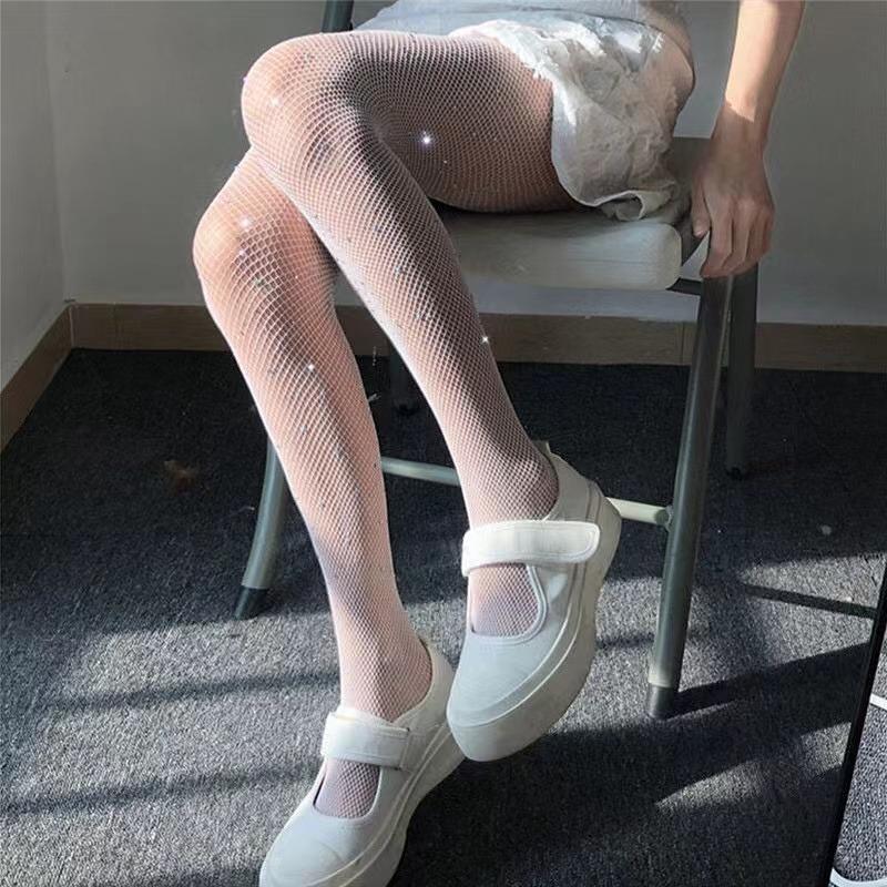 Women Sexy Diamond Tights Rhinestone Fishnet Bling Mesh Hosiery Shiny Fish Net High Waist Pantyhose Party Club Lady Black Tights