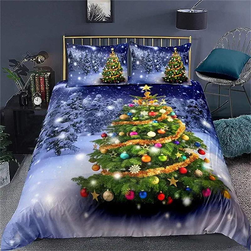Christmas Duvet Cover Gold Reindeer Bedding Set Boys Girls Room Decor Blue Christmas Tree Comforter Cover Western New Theme