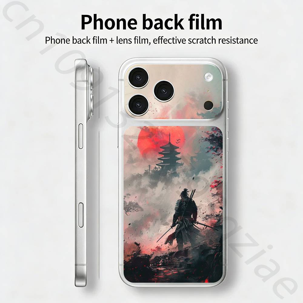 Японский Бусидо Самурай Для iPhone 17 pro Max /17 pro Полное Покрытие Наклейка Кожаная Обертка 3D Цветная Задняя Защитная Пленка-Наклейка