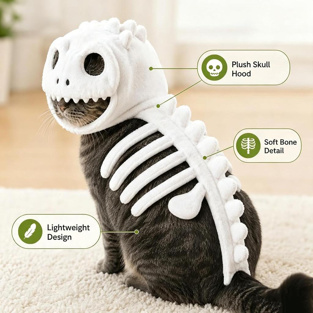 Dinosaur Skeleton Glow in Dark Cat Costume, Plush Halloween Pet Hood Outfit