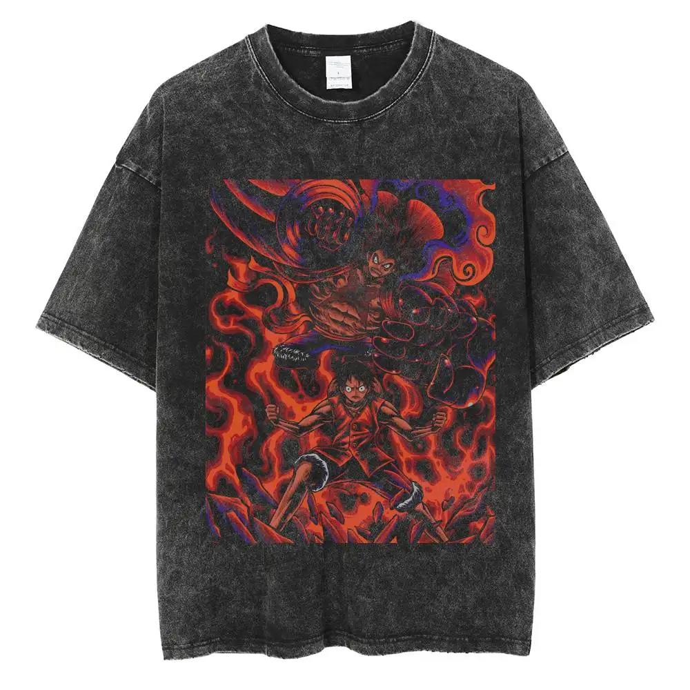 Harajuku Fashion Vintage TShirt Japanese ONE PIECE Anime Graphic Oversize T Shirt Washed Tshirt Men Summer Cotton Tops Tees