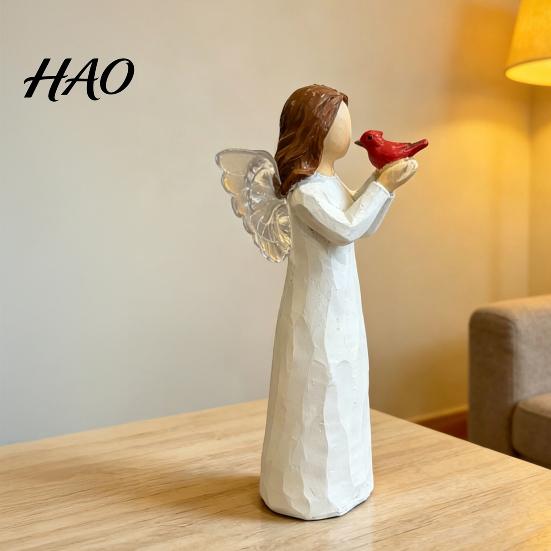 Healing Table Ornament Red Bird Angel Figurine, Resin Winged Holding Statue for Figurine Bereavement Remembrance, Sympathy Memorial Gift Loss of Loved