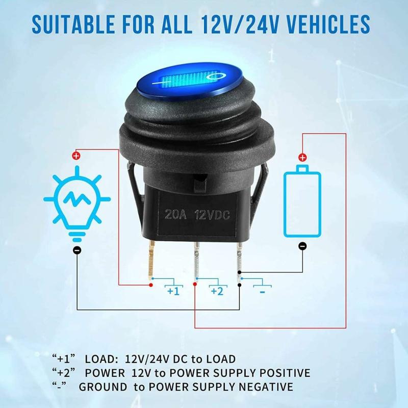 12V 20A Waterproof Rocker Switch Blue LED Lighted Round ON Off 3 Pin 12 Volt Weatherproof for Marine Car RV Truck Pushbutton Switches 3