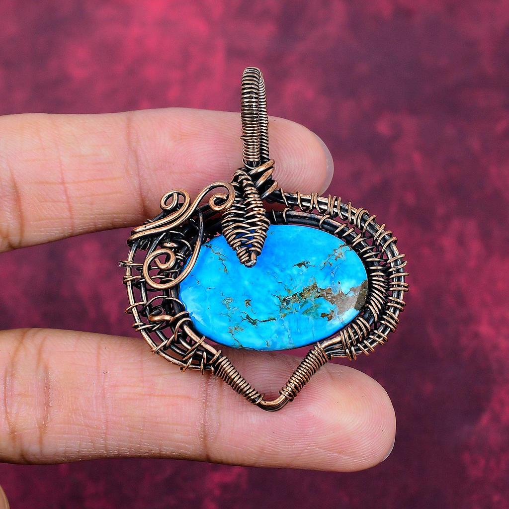 Tibetan Turquoise Pendant Handmade Pendant Copper Wire Wrapped Gemstone Jewelry