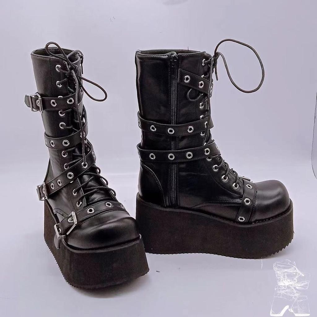 Women's Black Punk Platform Boots Round Toe Belt Buckle Side Zipper Gothic Ankle Boots Pumps Autumn Shoes Women High Botas Mujer