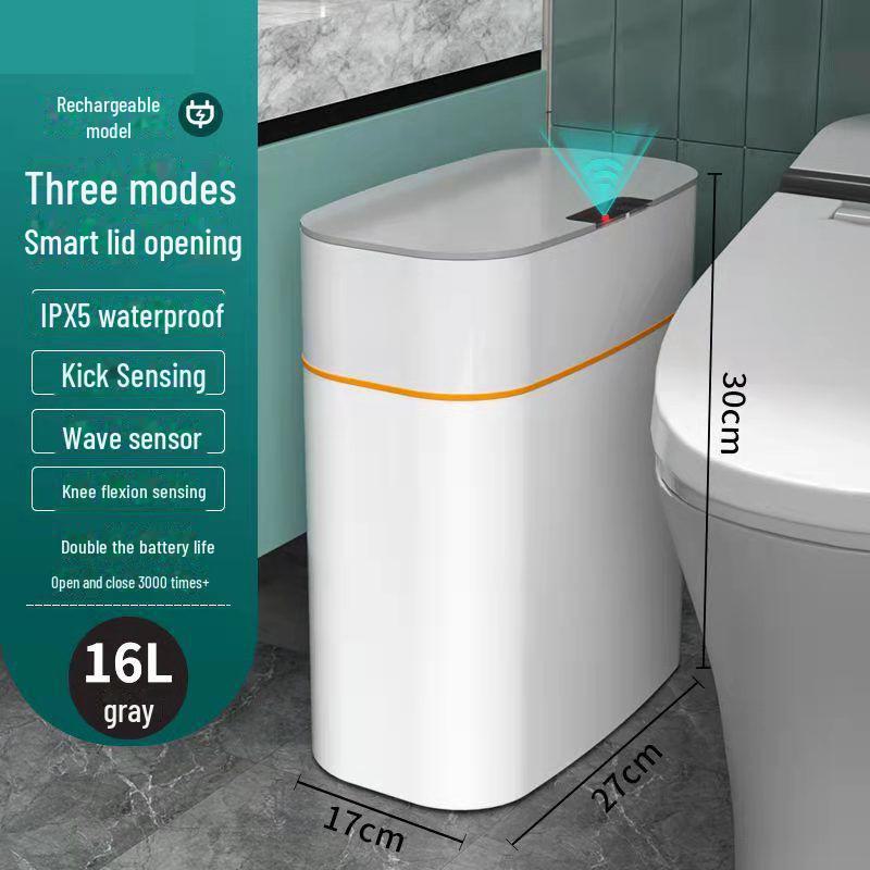 Luxury Smart Induction Trash Can with Automatic Lid: Narrow Electric Wastebasket for Bathroom and Toilet Paper Storage.