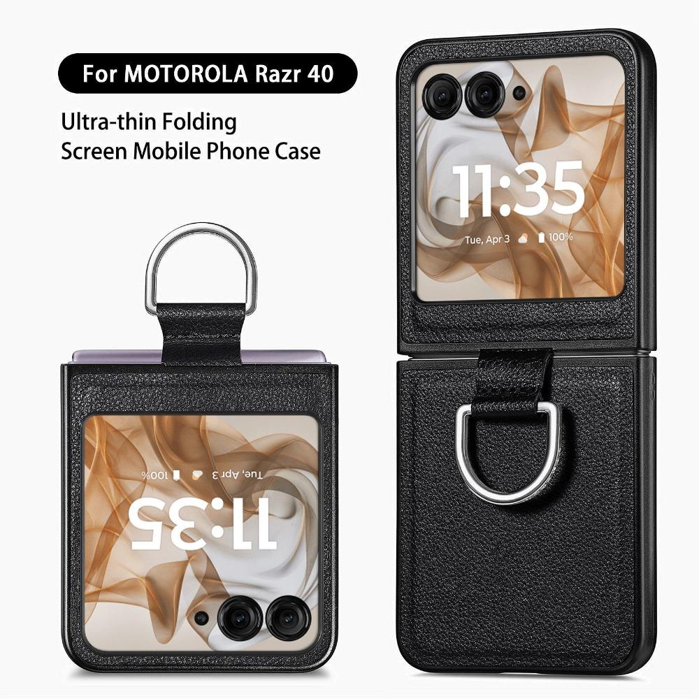 Case with Ring Lychee Pattern PU Leather for Motorola Razr 50 Ultra Mooto Razr 40 Phone Folding Screen Back Cover