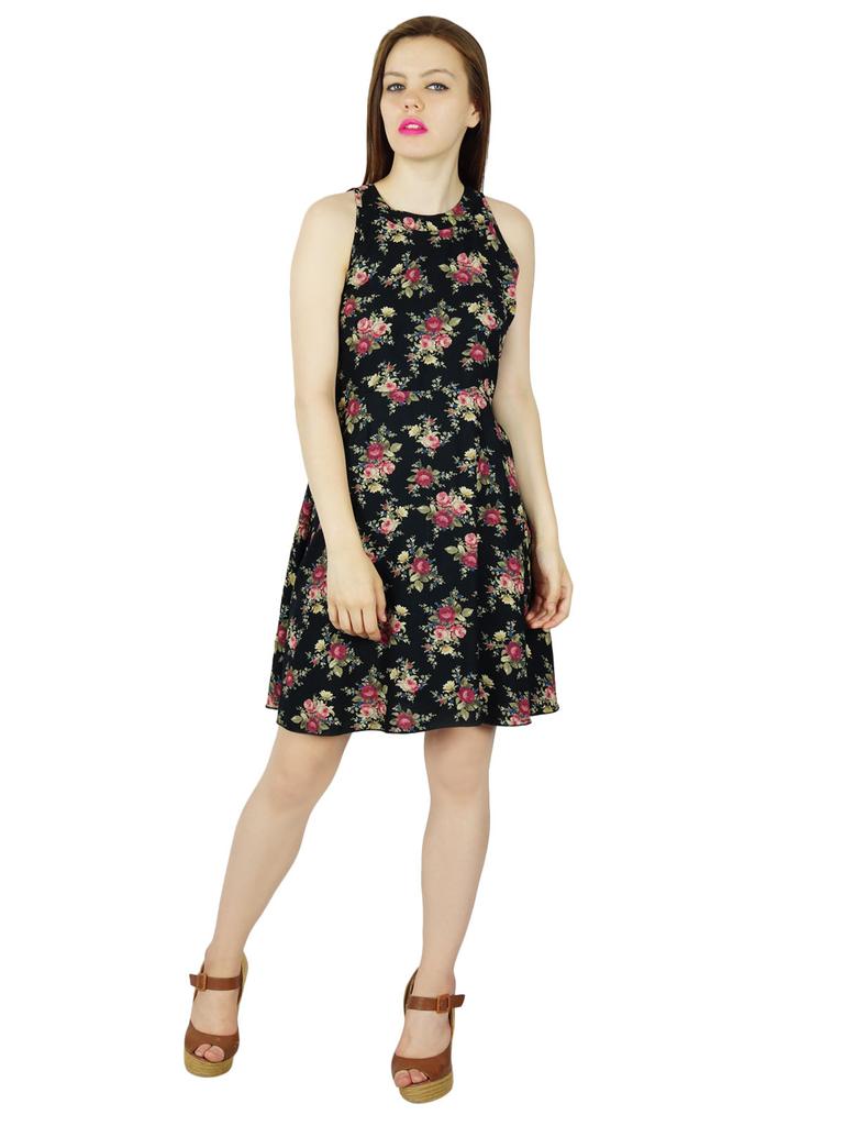 Bimba Women Black Floral Rayon Dress Sleeveless Classic Chic Summer Clothing