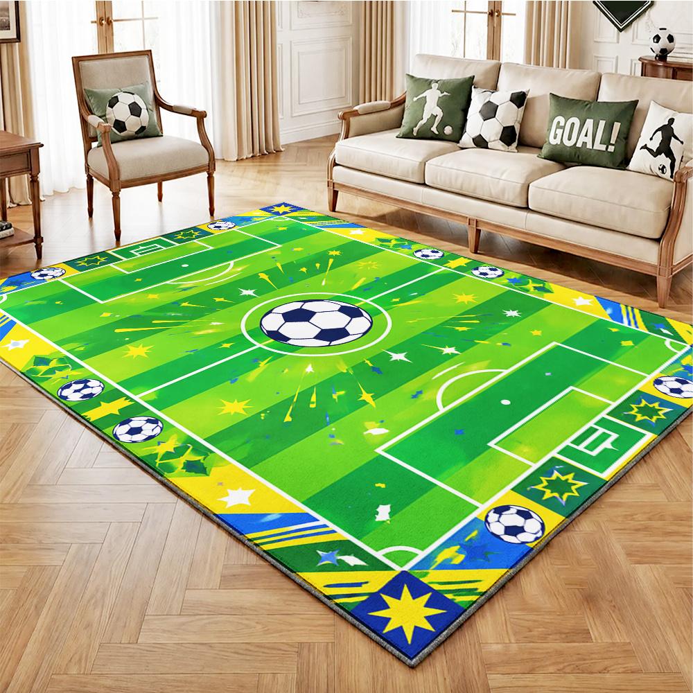VIKAMA Kids Football Play Large Rug Soccer Field Ball Star Burst Print Non‑Slip Washable Soft Floor Mat Indoor Play Area Home