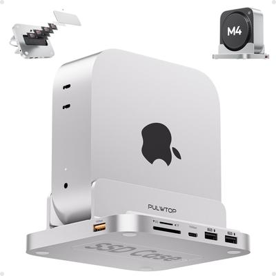 PULWTOP 8-в-1 USB C хаб для Mac Mini Pro 2024 Подставка Вертикальная 1 x Gen 2 2 x 1 x Аудио 1 x Расширение емкости для карт со слотом PCIe SSD Не M4/M4