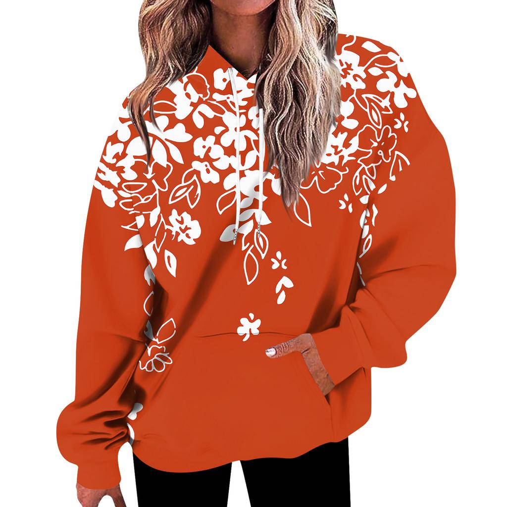 Женская мода, свободная повседневная толстовка с длинным рукавом и цветочным принтом, толстовка с принтом листьев, топ