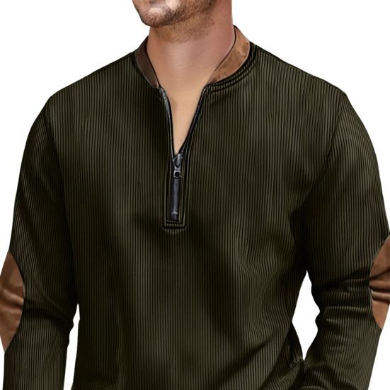 Men Sweatshirt Half Zipper Plaid Stand Collar Elbow Decoration Pullover Tops Long Sleeve Jacket Work Date Wear